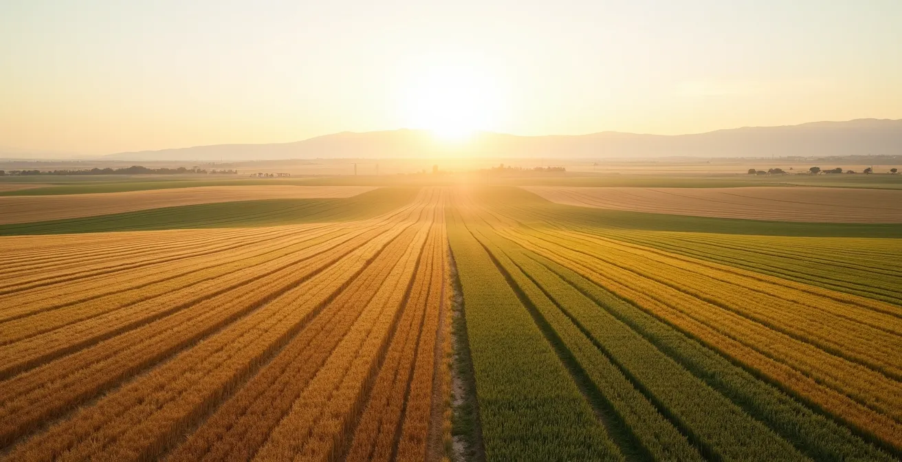 Vista minimalista de parcelas agrícolas con diferentes cultivos en transición estacional, representando una rotación diversificada.