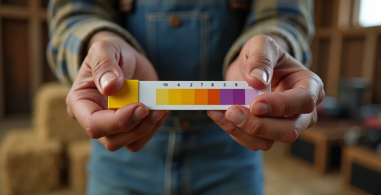 Manos de veterinario comparando colores en tira reactiva de cetosis con tabla de referencia