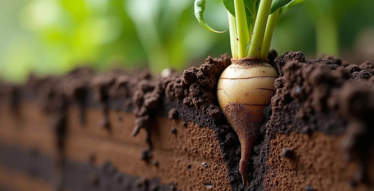 Corte transversal del suelo mostrando raíces pivotantes penetrando capas compactadas