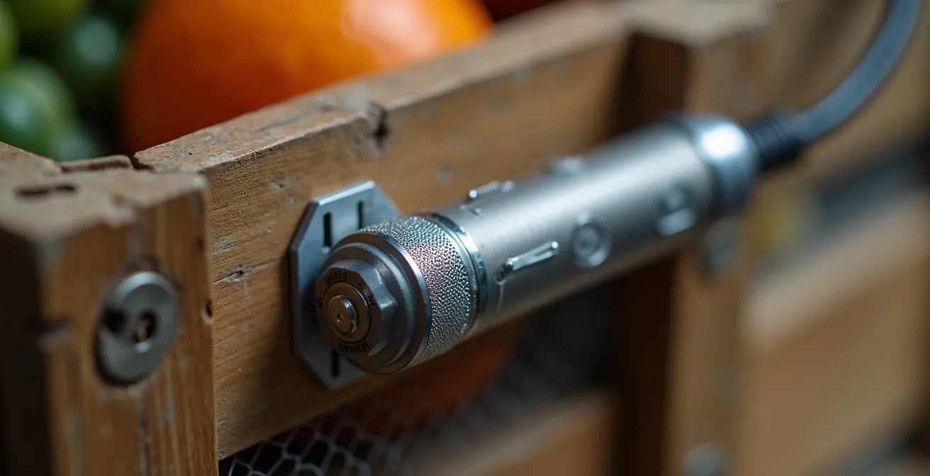 Sensor IoT de temperatura en detalle macro sobre caja de transporte