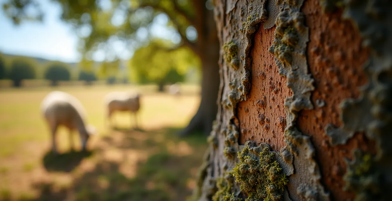 Sistema agroforestal mostrando encinas centenarias con ganado porcino ibérico pastando bajo su sombra en una dehesa española