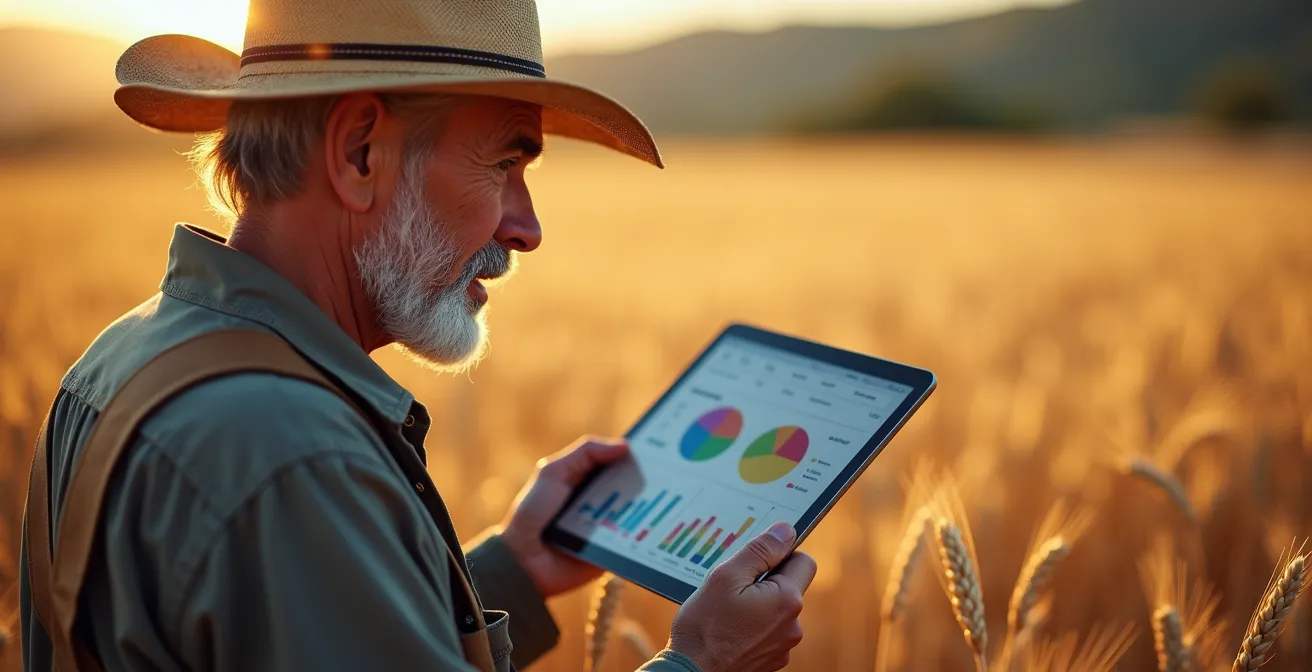 Agricultor usando tablet digital en campo de trigo con interfaz de gestión agrícola