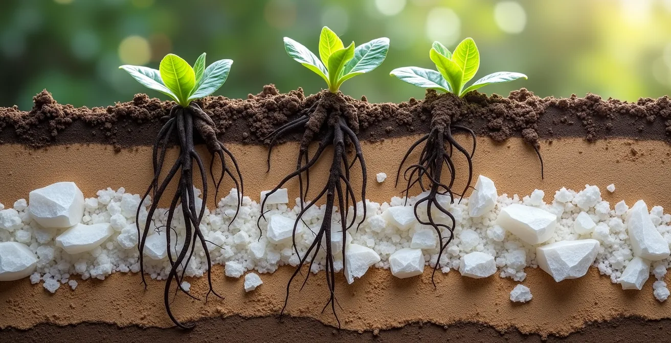 Corte transversal de suelo calcáreo mostrando estratos y sistema radicular