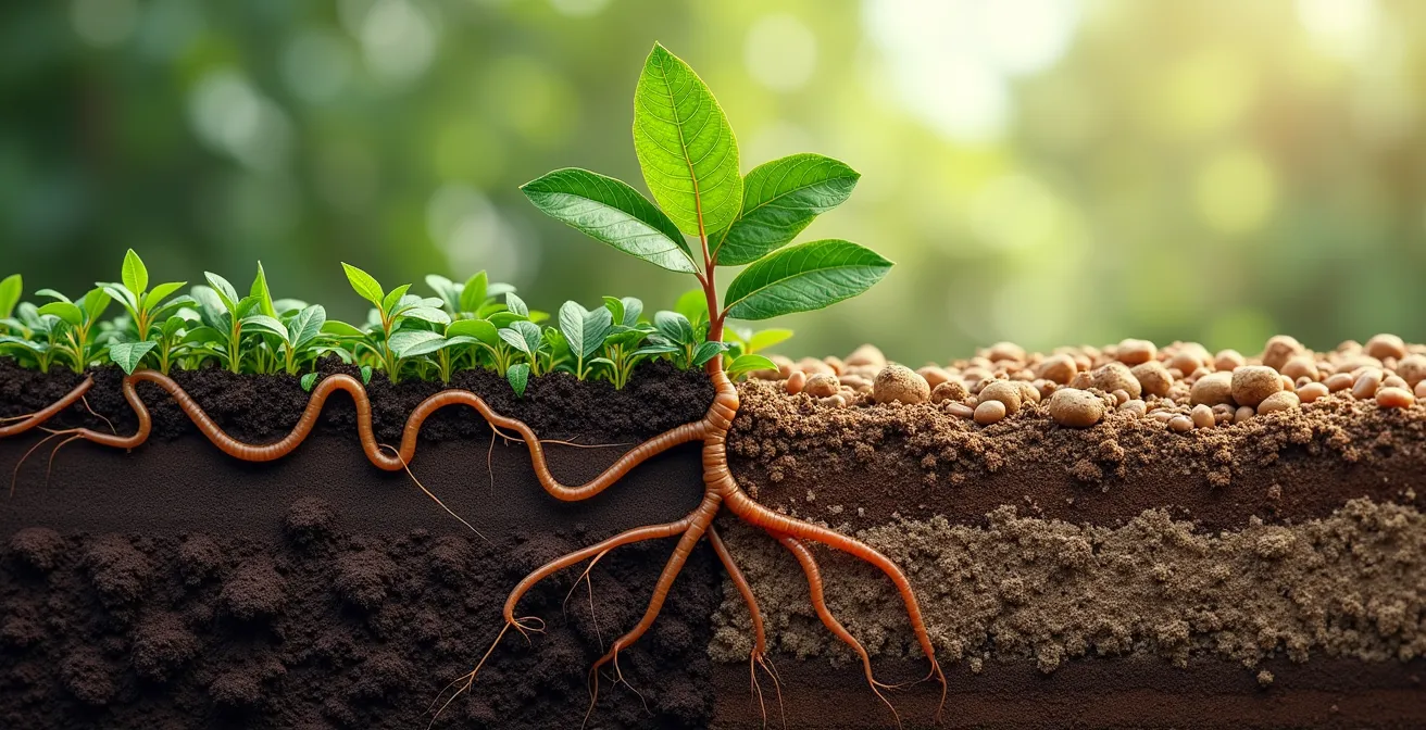 Vista microscópica de un suelo vivo, mostrando la interacción entre las raíces de las plantas y la microbiología beneficiosa.
