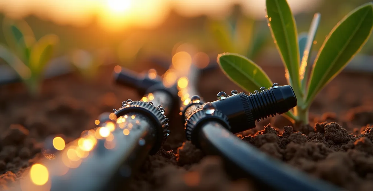 Sistema de riego de precisión con sensores IoT en campo agrícola español bajo luz dorada
