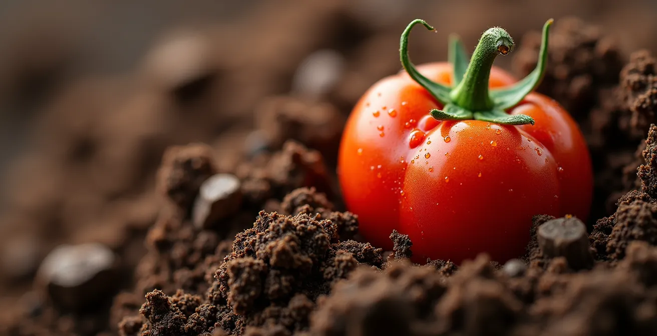 Vista macro de tierra volcánica canaria con productos locales cultivados, mostrando la textura única del terroir